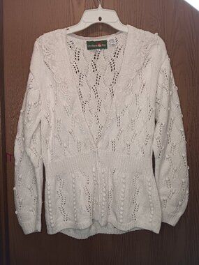 Outback Red women's vtg knit pointelle popcorn lace ruffled neck cardigan sz M
